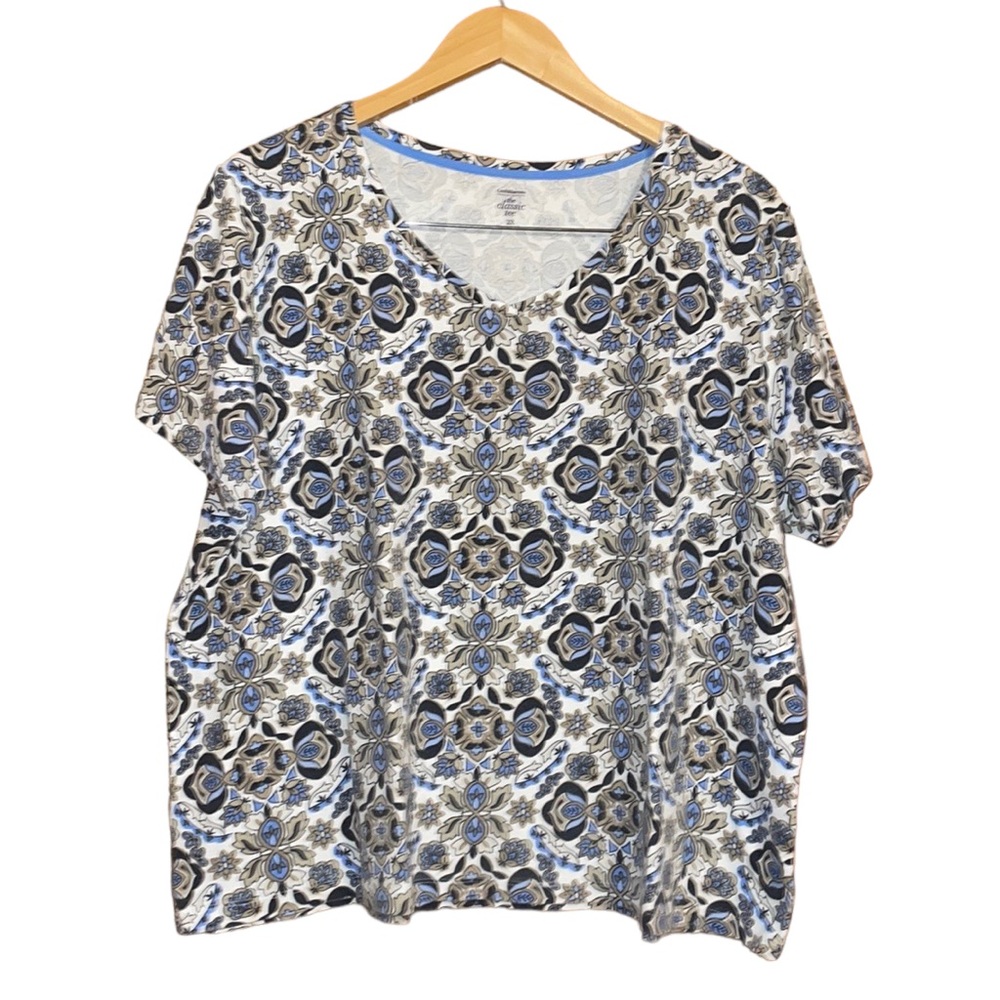 •CROFT & BARROW•BLUE/WHITE CLASSIC V-NECK TEE SIZE 2X